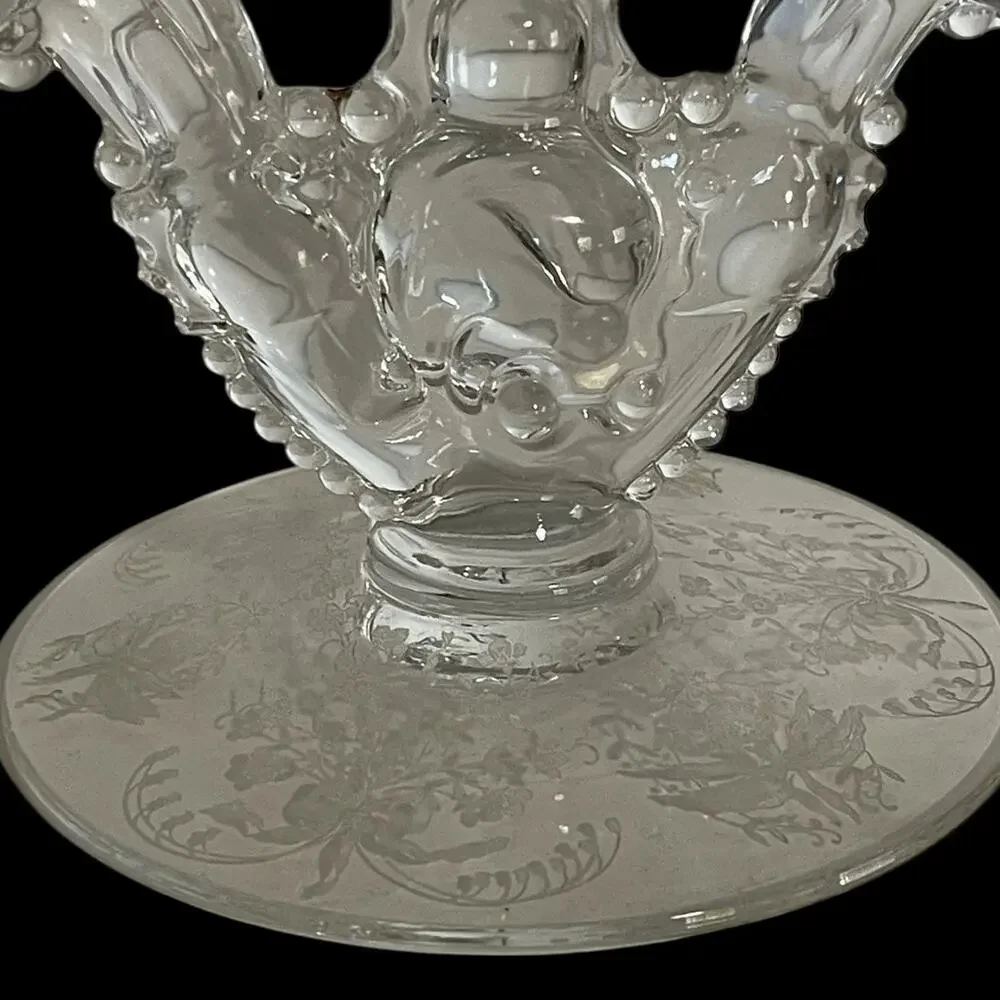 Vintage HEISEY Eternal Orchid Pattern Etched Crystal Double Light Candleholder